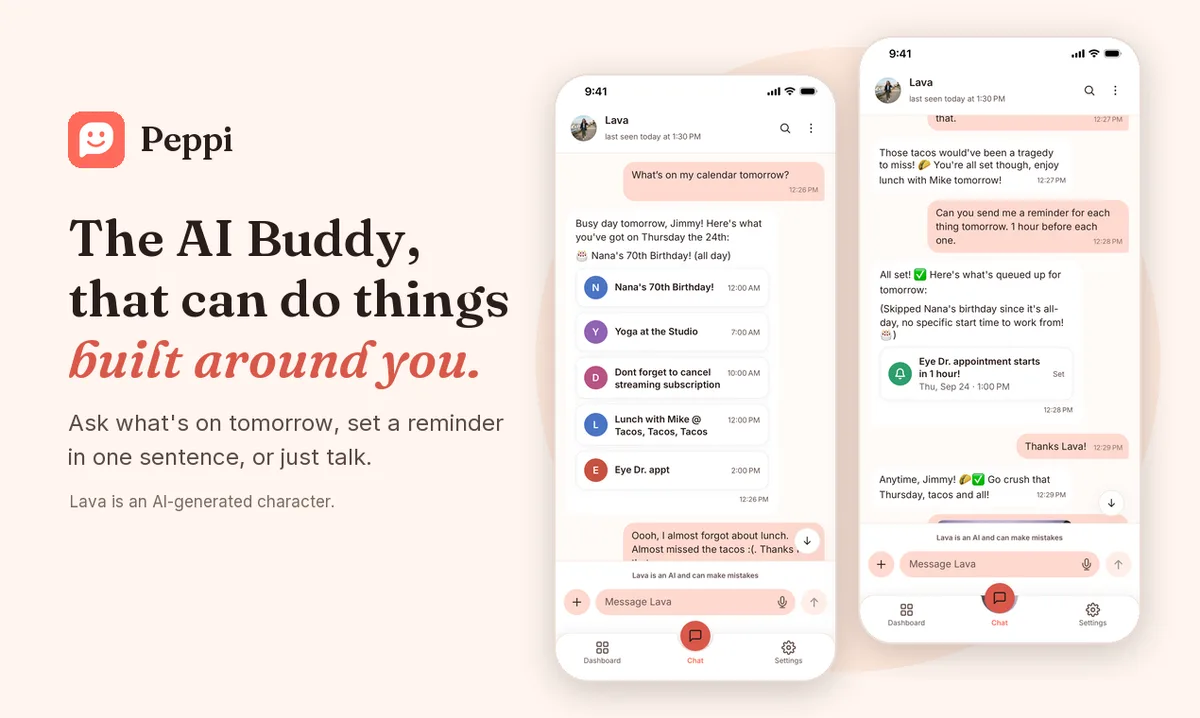 The Peppi app: asked what's on tomorrow, the buddy lists the day's calendar events, then sets a reminder an hour before each one.