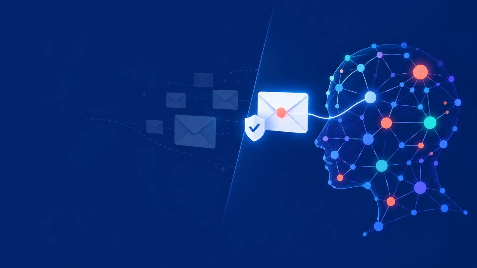 An abstract AI agent drawn as a network of nodes, linked to its own envelope with a security shield, kept apart from a stack of other emails.